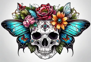 Flower chest piece, small animal skull, crystals, moth tattoo idea
