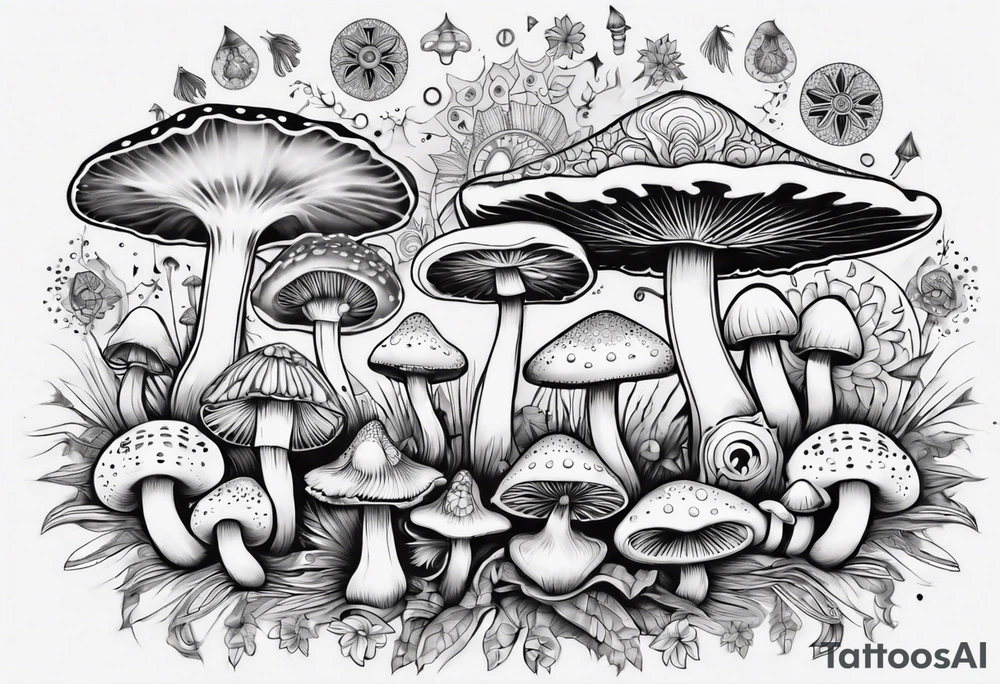 mushrooms out of book, psychedelic, mandala tattoo idea