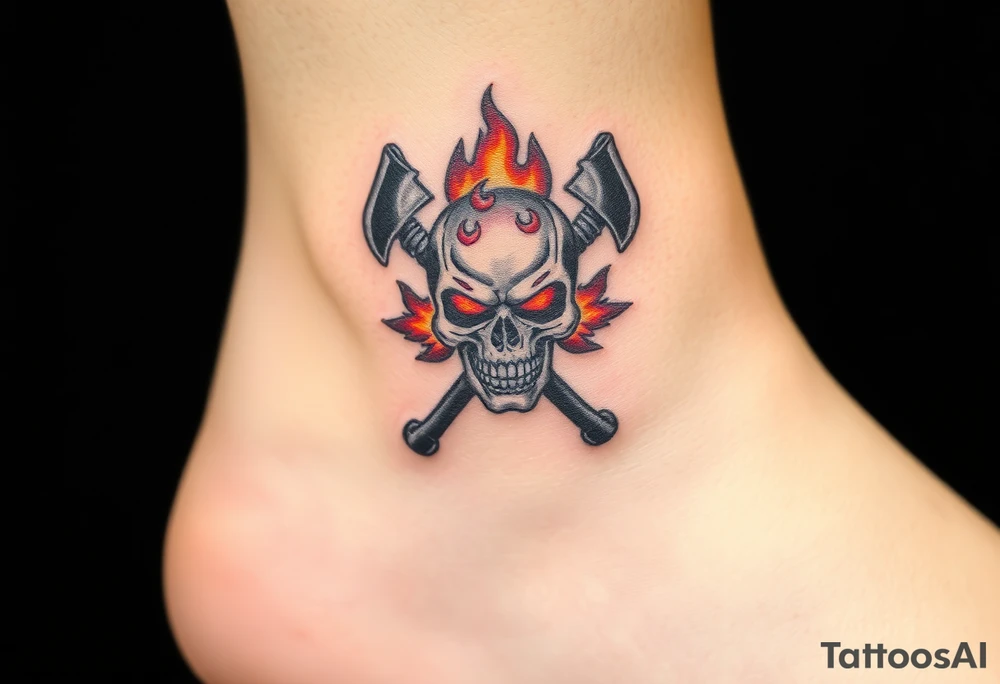 A flaming skull with firefighter axes crossed behind it, with deep reds, oranges, and glowing embers for a bold, intimidating design tattoo idea