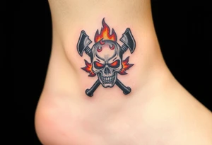 A flaming skull with firefighter axes crossed behind it, with deep reds, oranges, and glowing embers for a bold, intimidating design tattoo idea