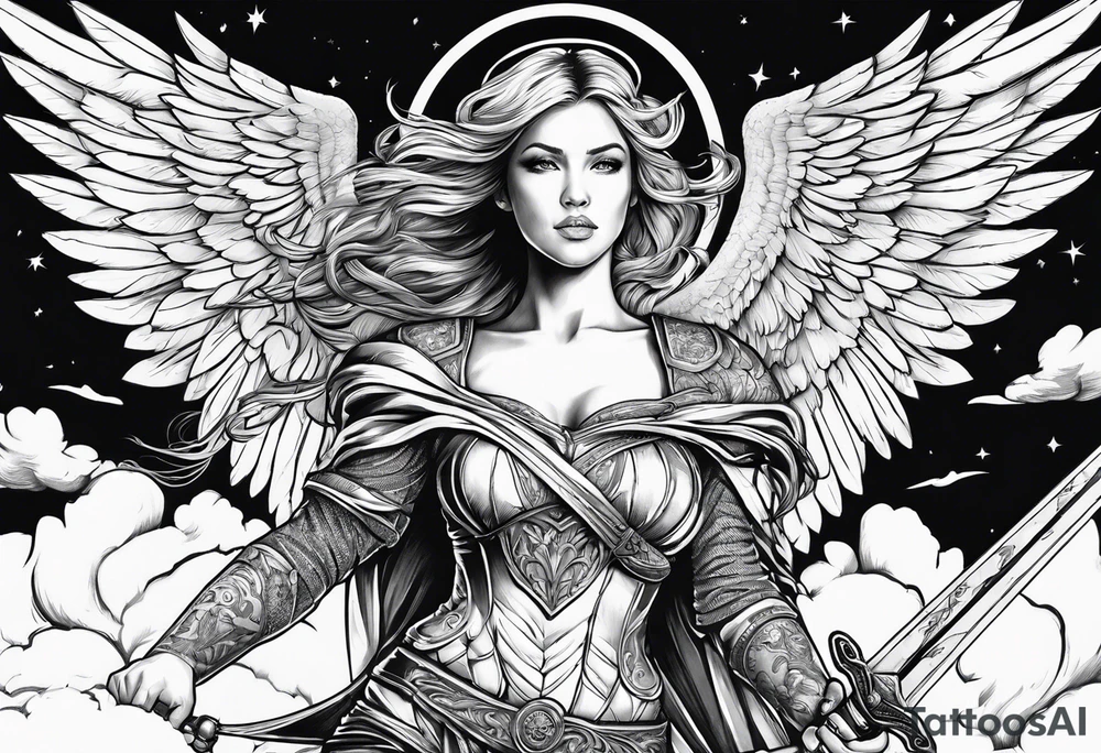 female angel with sword flying in the sky tattoo idea