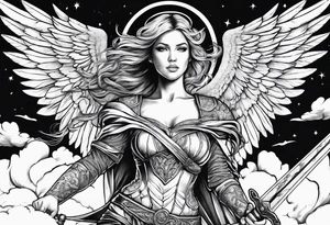 female angel with sword flying in the sky tattoo idea