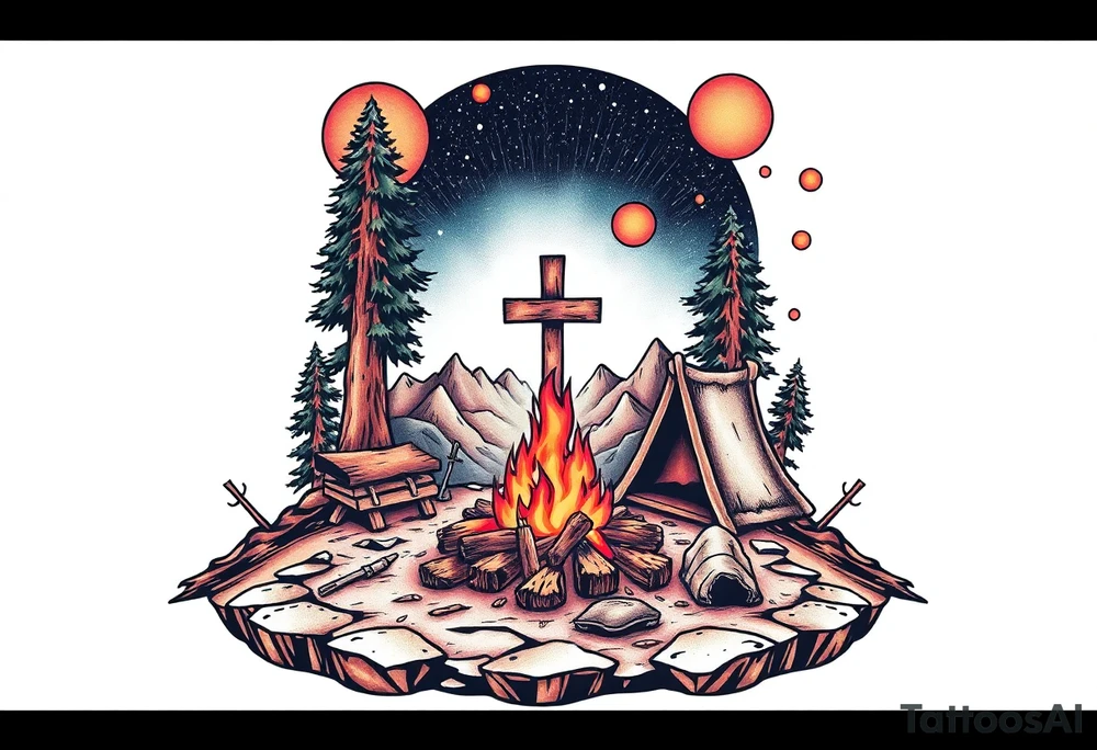 Campsite with a campfire with a cross tattoo idea