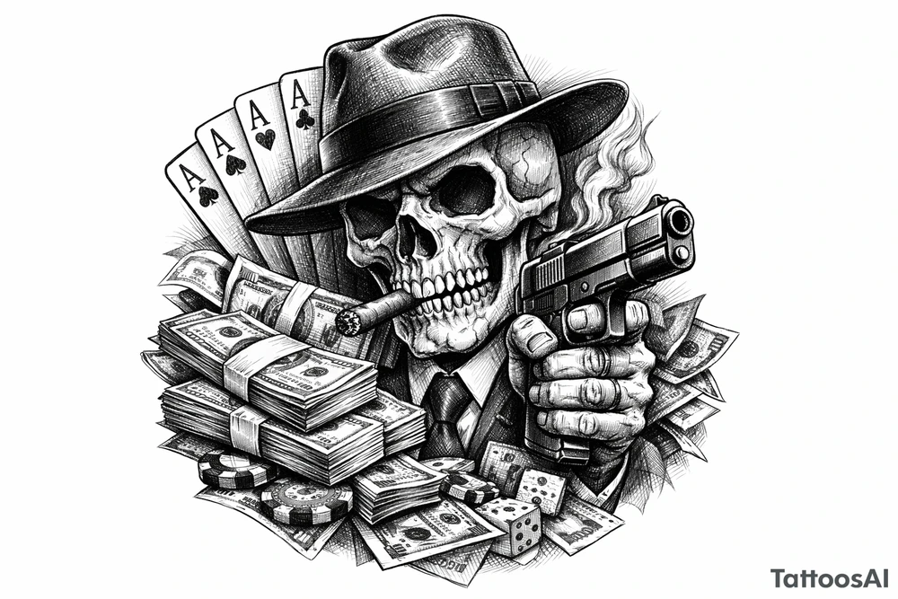 skull with gangster-hat,cigar in his mouth,gun in a hand,playing cards,a lot of money. tattoo idea