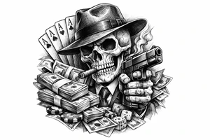 skull with gangster-hat,cigar in his mouth,gun in a hand,playing cards,a lot of money. tattoo idea
