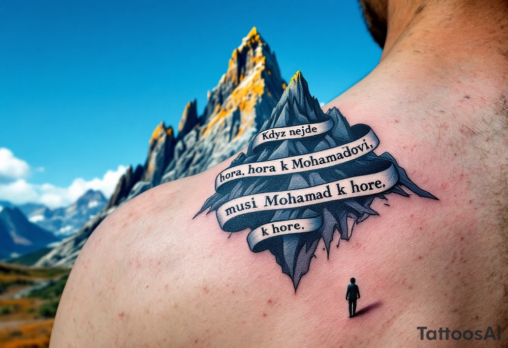 "Kdyz nejde hora k Mohamedovi, musi Mohamed k hore." — A small figure walking toward a majestic gray mountain under a blue sky, with the quote winding around the peak. tattoo idea