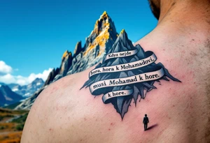 "Kdyz nejde hora k Mohamedovi, musi Mohamed k hore." — A small figure walking toward a majestic gray mountain under a blue sky, with the quote winding around the peak. tattoo idea