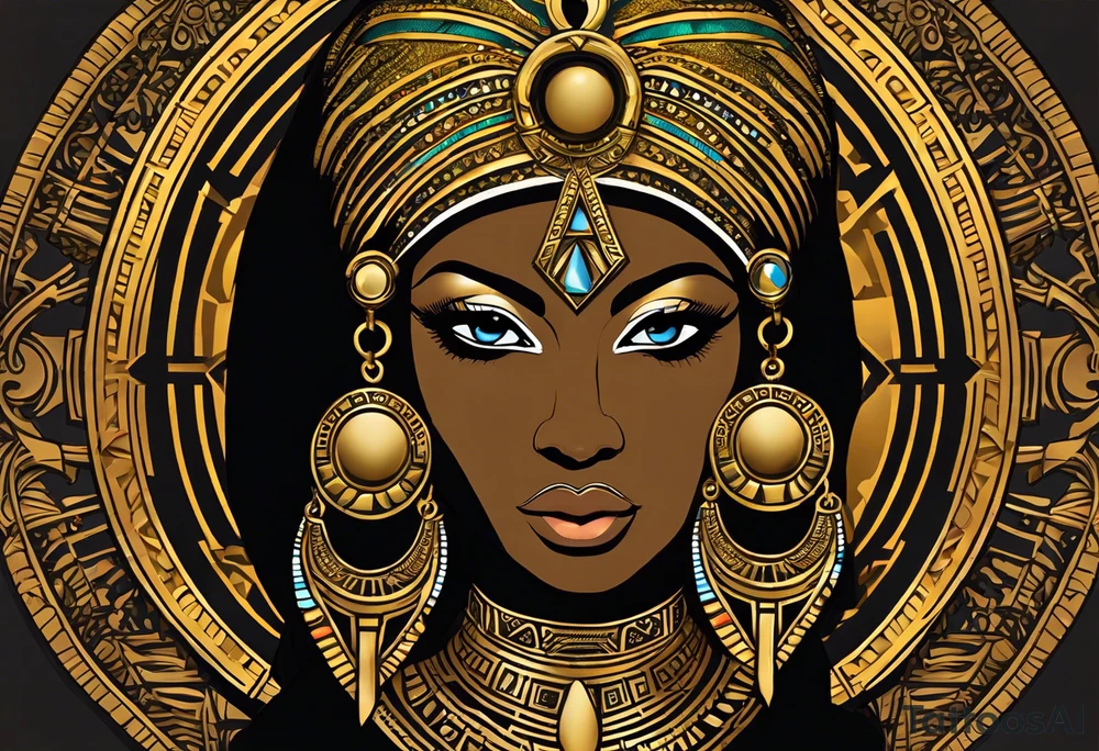 African Goddess wearing the eye of Horus in the center of her forehead and the ankh symbol necklace in gold with the sun on one side behind her and the moon on the opposite side behind her tattoo idea