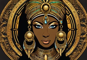 African Goddess wearing the eye of Horus in the center of her forehead and the ankh symbol necklace in gold with the sun on one side behind her and the moon on the opposite side behind her tattoo idea