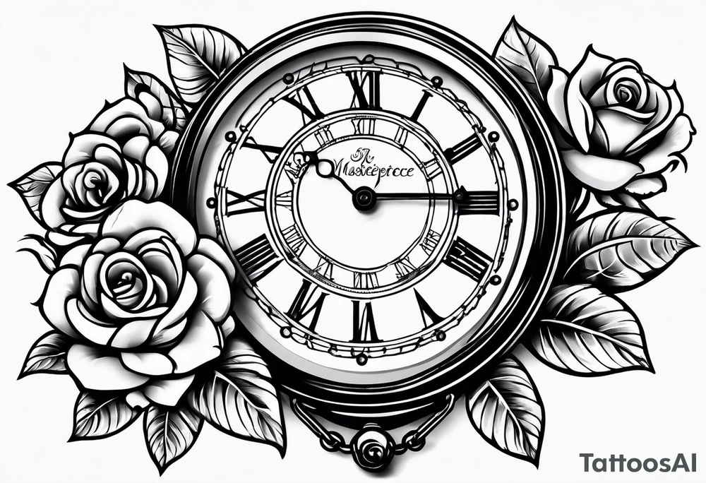Pocket watch with chain and roses tattoo idea