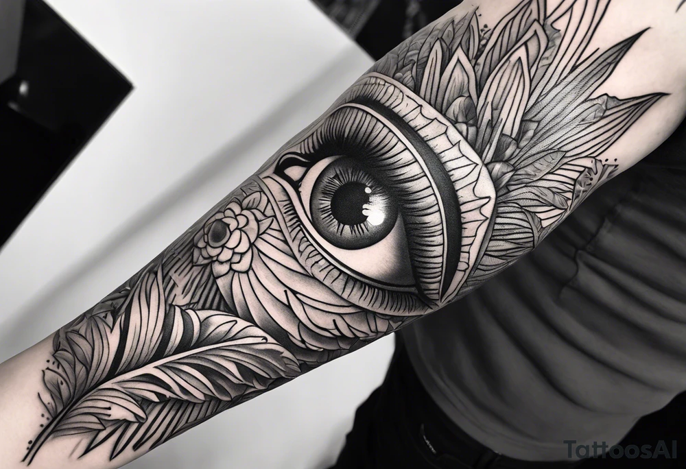 full arm sleeve, jungle plants, all-seeing eye tattoo idea