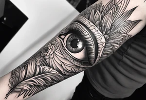 full arm sleeve, jungle plants, all-seeing eye tattoo idea