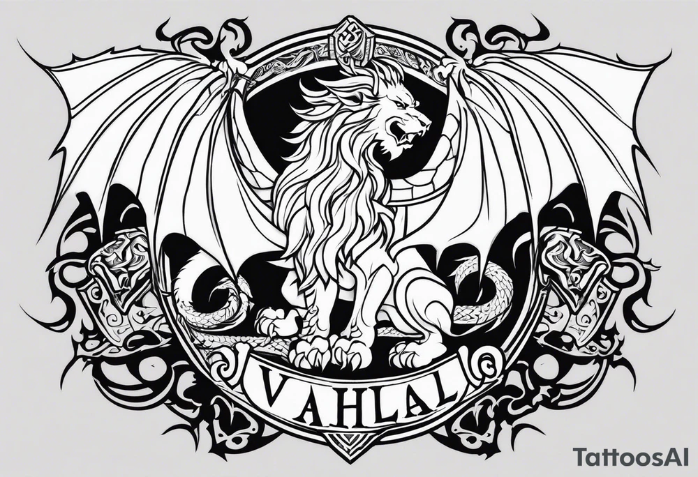 Valhalla sword shield dragon lion tattoo idea