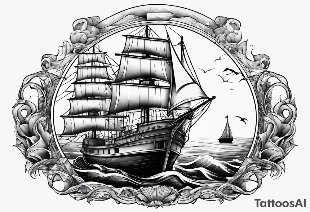 ghost marine lighthouse behind the bow of a sailboat. tattoo idea