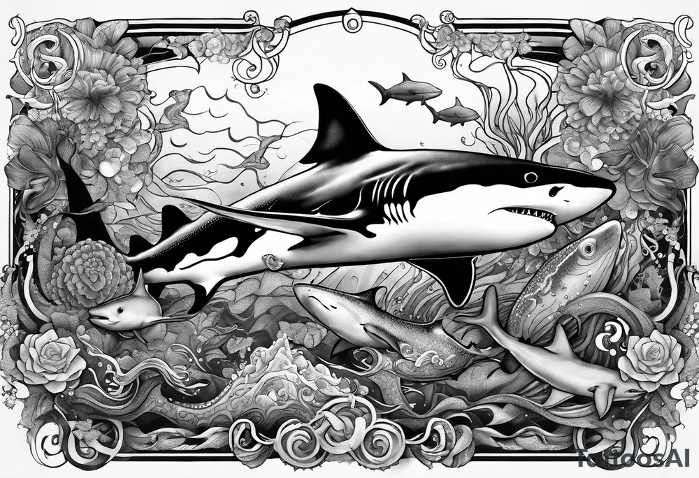 shark, octapus, lion, whale shark, manta ray sleeve tattoo idea