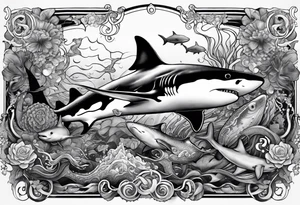 shark, octapus, lion, whale shark, manta ray sleeve tattoo idea