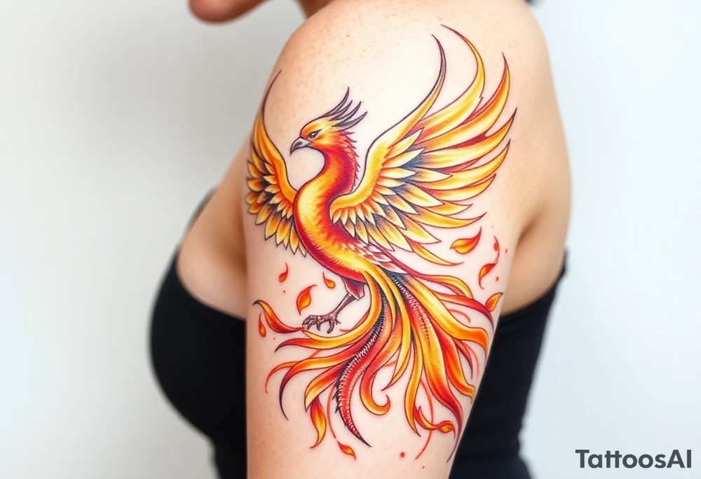 magnificent phoenix rising from golden flames with trailing embers tattoo idea