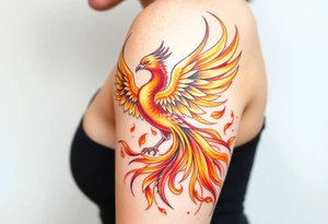 magnificent phoenix rising from golden flames with trailing embers tattoo idea