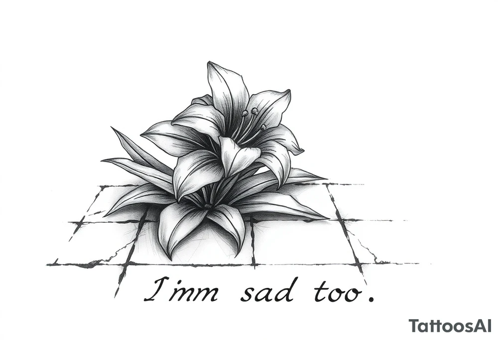 Lily growing out of tile floor with the words I’m sad too written small in the grout between two tiles tattoo idea
