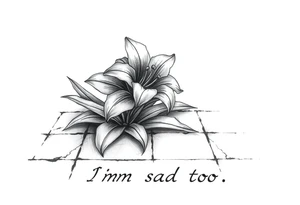 Lily growing out of tile floor with the words I’m sad too written small in the grout between two tiles tattoo idea