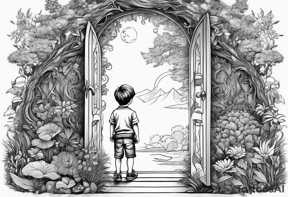 a small boy peeking into a doorway
 leading to a fantasy world filled with nature tattoo idea