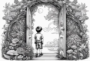 a small boy peeking into a doorway
 leading to a fantasy world filled with nature tattoo idea