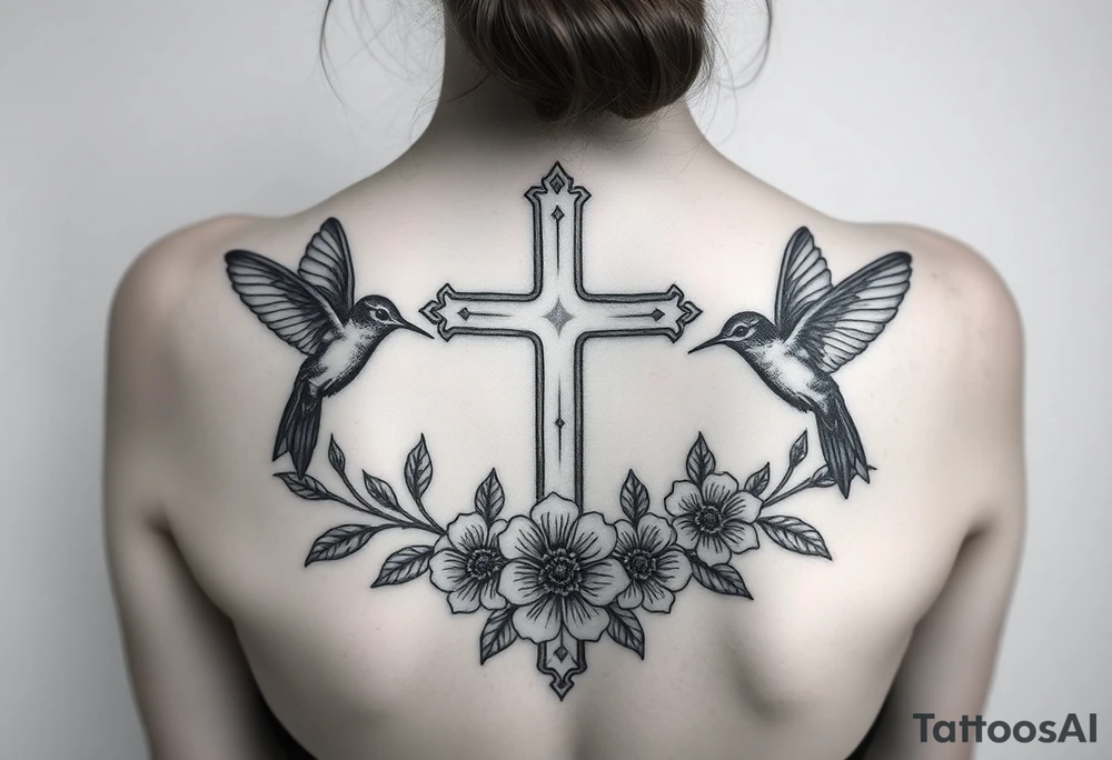 cross surrounded by hummingbirds and flowers tattoo idea