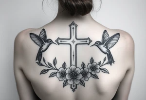 cross surrounded by hummingbirds and flowers tattoo idea