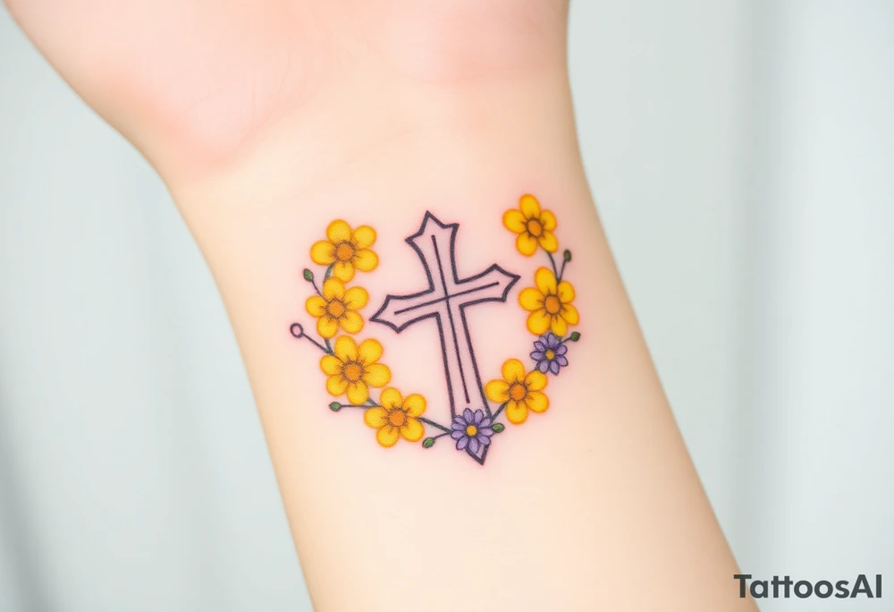 Yellow daisy Purple Hearts around a cross tattoo idea