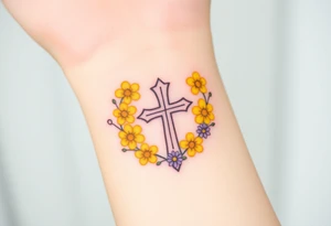 Yellow daisy Purple Hearts around a cross tattoo idea