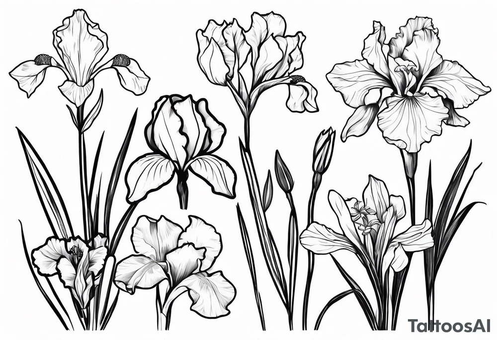 long simple tattoo style drawing of iris, daffodil, sweet peat and holly flowers tattoo idea