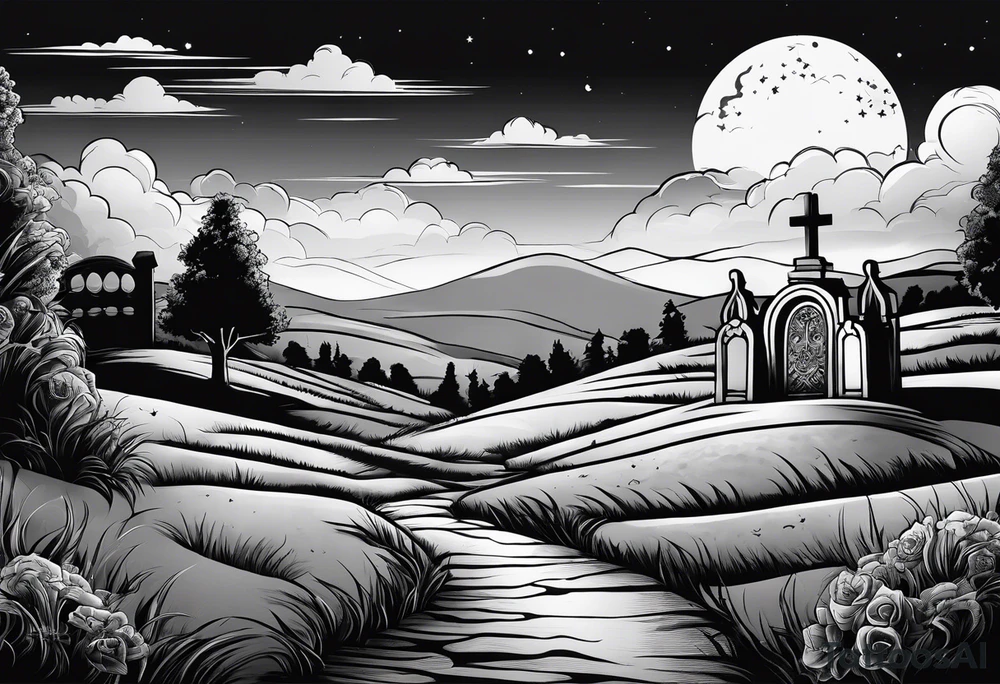 Cemetery on hills with smoke and moon tattoo idea