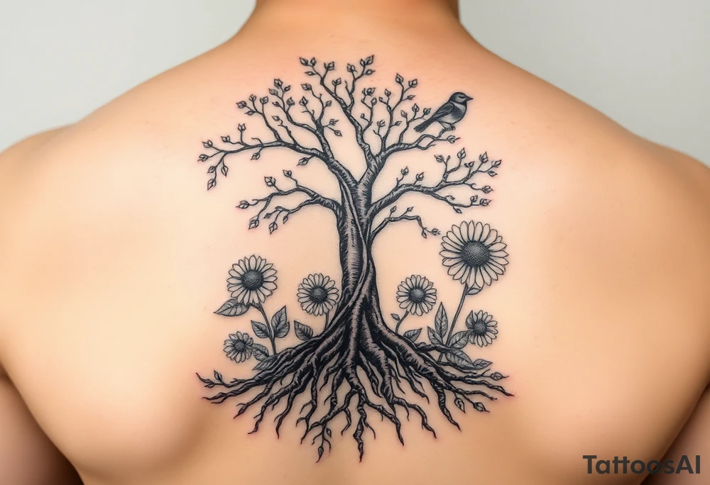 Tree with roots, rose and sunflower garden and bird tattoo idea