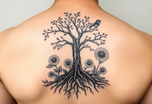 Tree with roots, rose and sunflower garden and bird tattoo idea