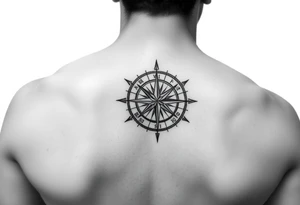 intricate compass on upper right back shoulder of a man. black and white. include cardinal directions and make more detailed. tattoo idea