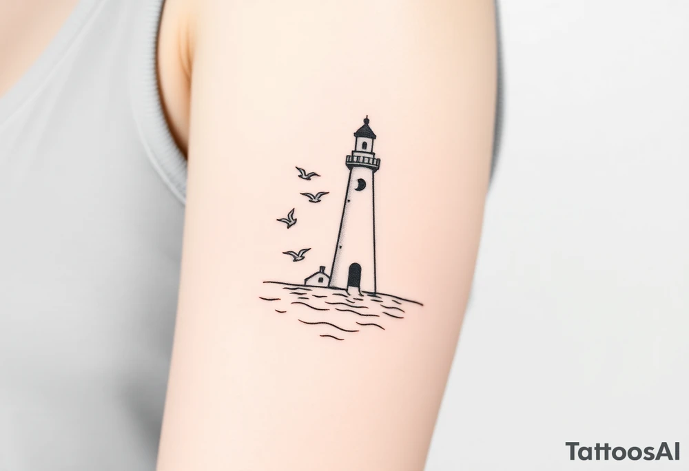 Simple Lighthouse shining with birds,  and crescent moon on water tattoo idea