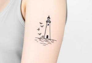 Simple Lighthouse shining with birds,  and crescent moon on water tattoo idea