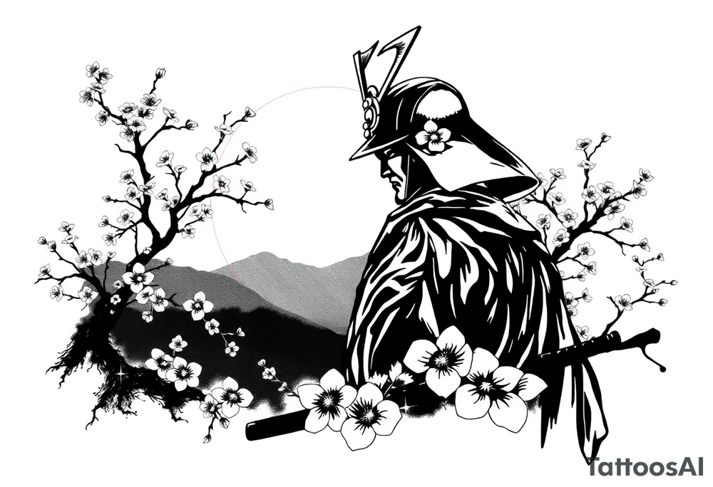 noble samurai warrior silhouette at sunset with cherry blossoms tattoo idea