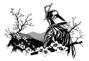 noble samurai warrior silhouette at sunset with cherry blossoms tattoo idea