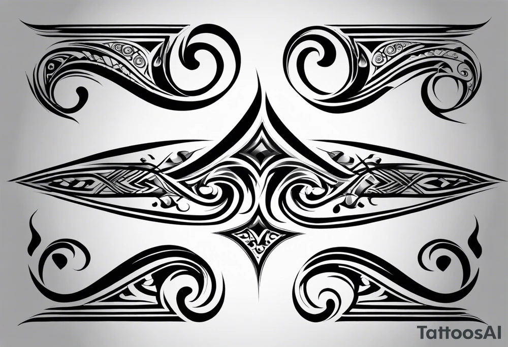 Create a tribal tattoo design featuring bold, intricate patterns with sharp, flowing lines. The design should have a symmetrical and dynamic appearance, incorporating elements such as curves, spirals, and abstract shapes. The tattoo should convey a sense of strength and power, suitable for placement on the upper arm or back. Make sure the patterns are dense and interconnected, creating a cohesive and striking visual impact. tattoo idea