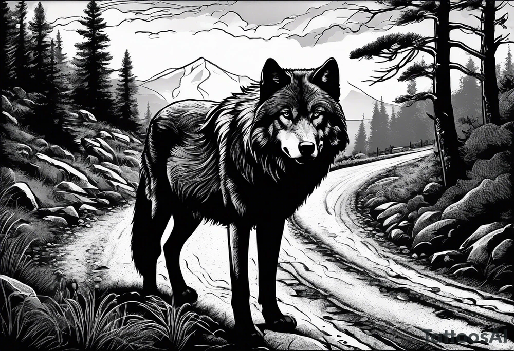Lone wolf on a path or road. A pack of animals on the opposite end of road. tattoo idea