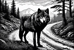 Lone wolf on a path or road. A pack of animals on the opposite end of road. tattoo idea
