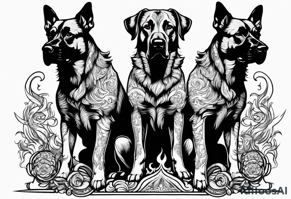 A three headed dog standing in fire with a black gate behind tattoo idea