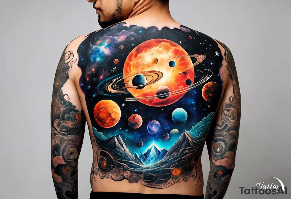 A tattoo featuring a cosmic scene with planets, black holes, and supernovae intertwined with intricate linguistic symbols, reflecting the client's interests in cosmology and linguistics. tattoo idea