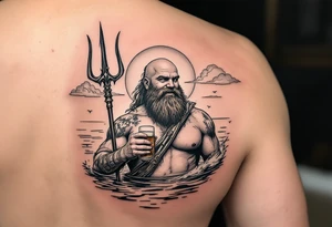 young, happy, fat, balding, poseidon in calm water, holding a trident, drinking a beer, with sunset, with ski boat, with ballet toutou tattoo idea