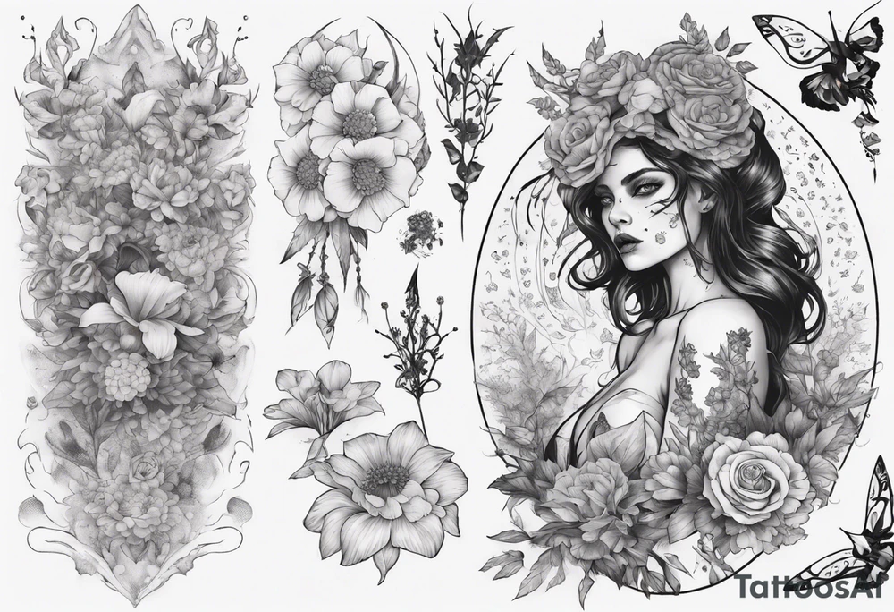 sleeve with many flowers around it and a dark elf girl tattoo idea