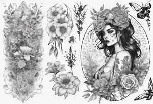 sleeve with many flowers around it and a dark elf girl tattoo idea