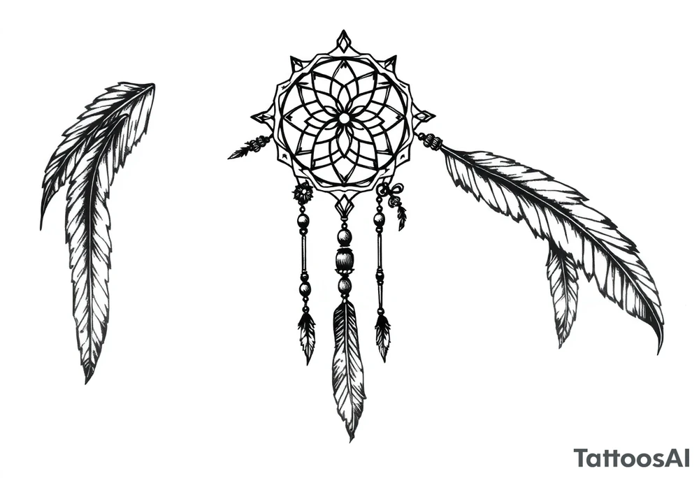 native dreamcatcher with flowing feathers and sacred beads tattoo idea