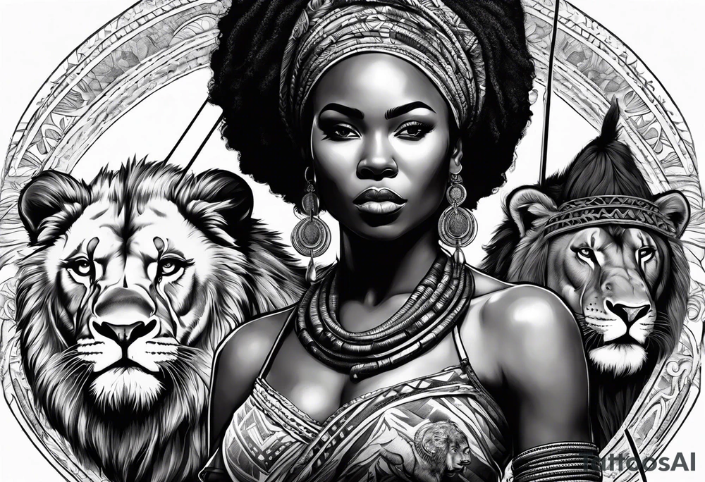 African woman warrior holding spear with deadlocks and earrings. With lion in the background tattoo idea