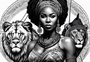 African woman warrior holding spear with deadlocks and earrings. With lion in the background tattoo idea